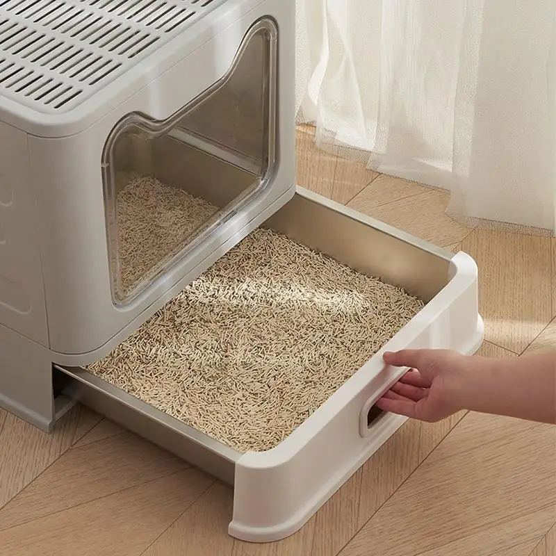Fully Enclosed Stainless Steel Cat Litter Box Large Drawer Type Folding Anti-odor Cat Toilet Anti-splash Pet Supplies