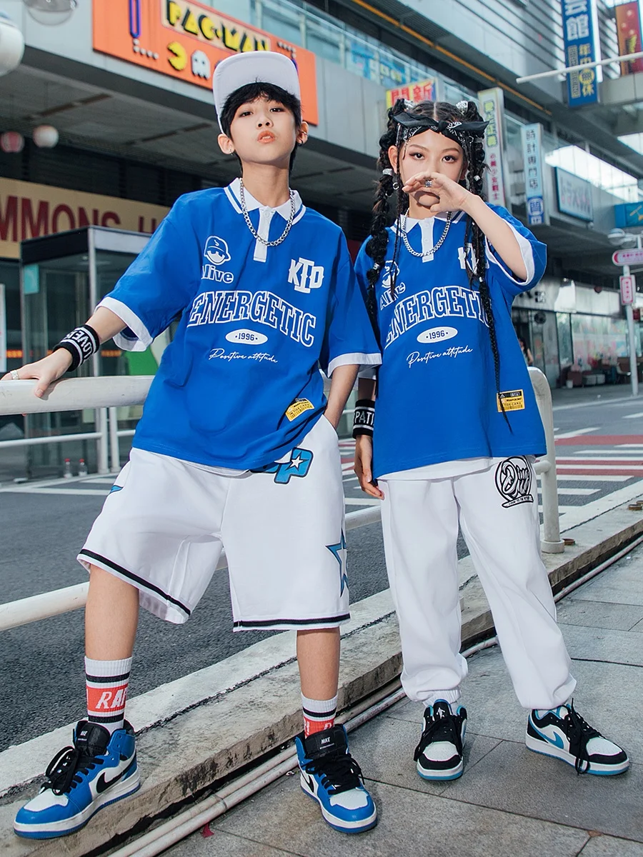 Children'S Day Ballroom Hip Hop Dance Costumes For Kids Blue Shirts White Pants Streetwear Girls Boys Jazz Rave Clothes DQS12838