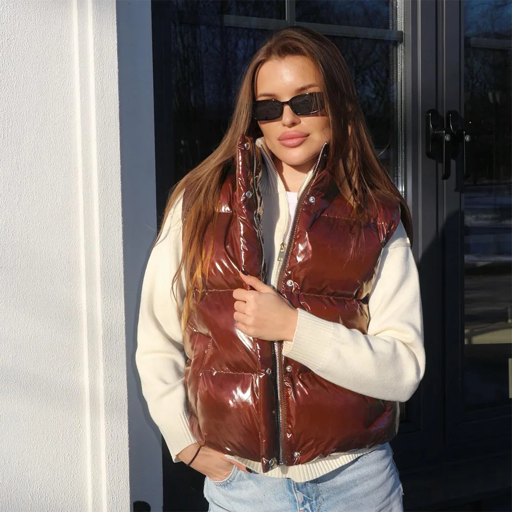 Women Vest Quilted Coat Fall Winter New Brown Shiny Stand Collar Sleeveless Jacket
