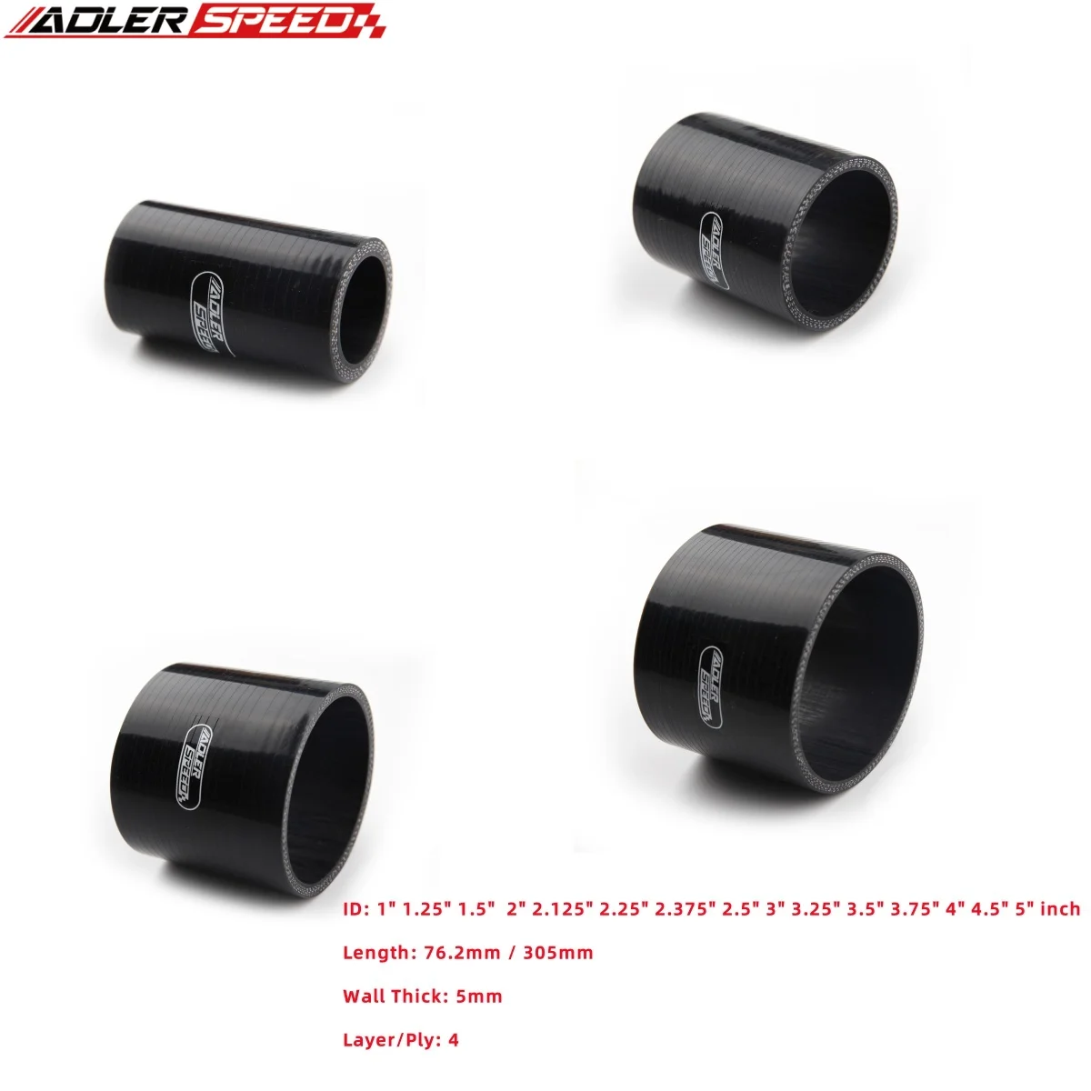 Length 76mm 4Ply 38 45 51 57 63 70 76 83 89 95 102MM ID Reinforced Straight Silicone Coupler Hose Turbo Intake Pipe Black