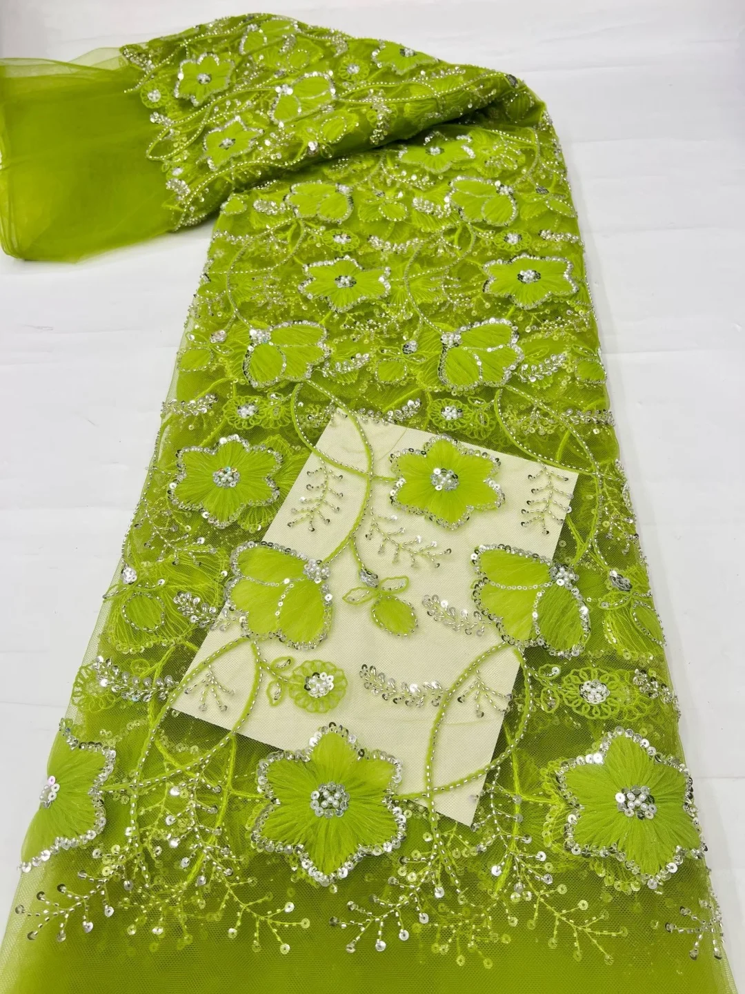 

African Nigerian Elegant 3D Embroidered Gold Powd Sprinkled Lace Fabric French Tulle with Stones for Party Wedding