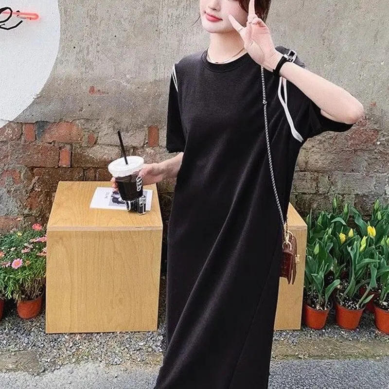 Casual Loose Solid Color Dresses 2024 Summer Short Sleeve Stylish Hollow Out Women\'s Clothing Round Neck Korean Split Long Dress