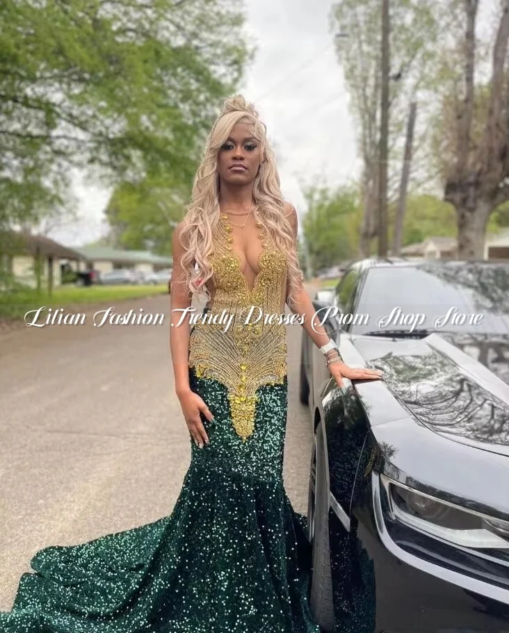 Hunter Green Luxury Prom Dress Gala Dresses for Black Girl Sparkly Diamond Velvet Mermaid Evening Customised  robe bal soirée