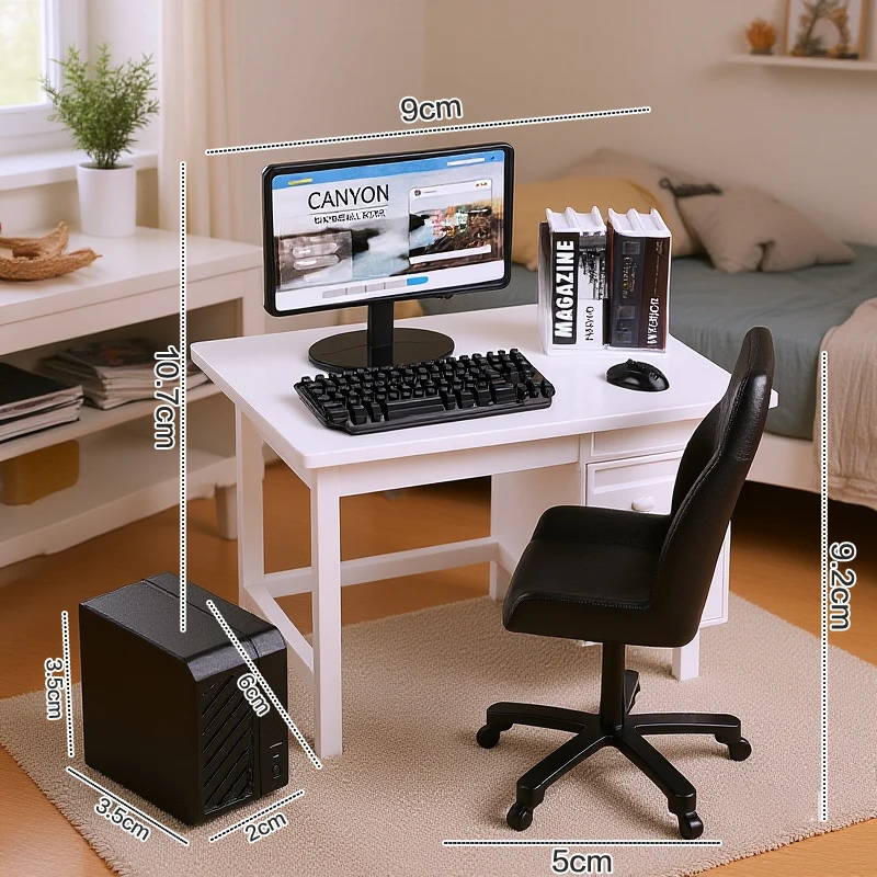 Furniture Decor Kit for Dollhouse, 1 Set 1/12 Miniature Computer Keyboard Desk Chair in Home Study Room