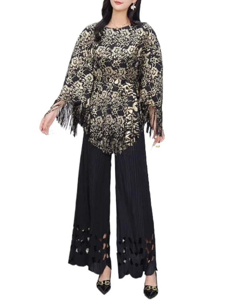 

EGRM Elegant Pleated Sets Women's Batwing Sleeve Lace-up Print Tassel Tops and Loose Wide Leg Pants Two-piece Set 2025 New 6R817