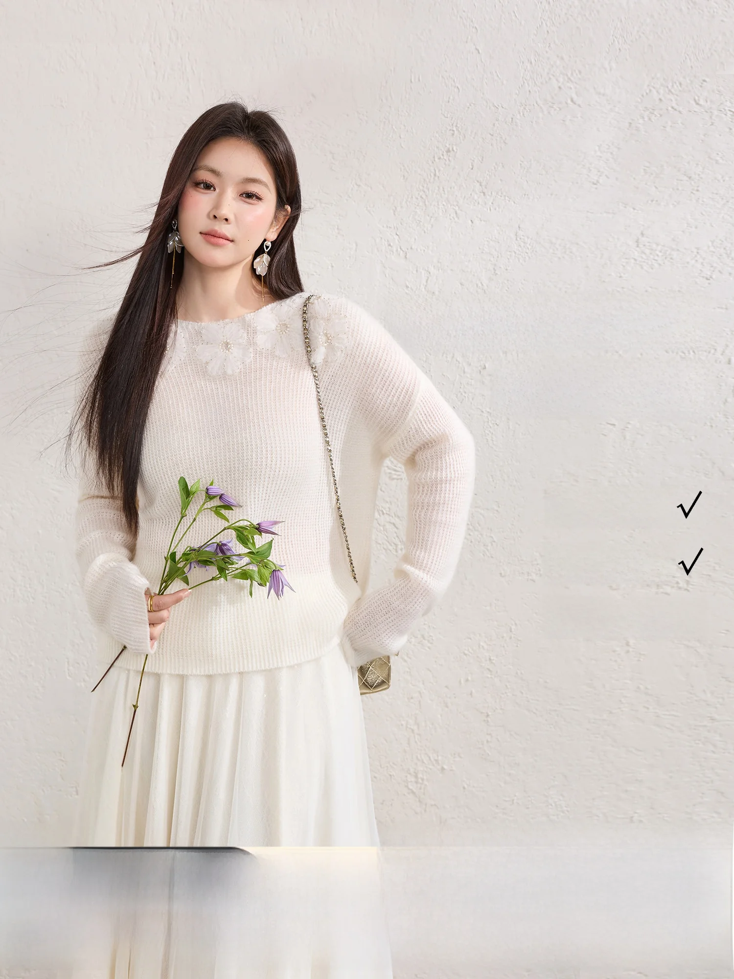 

Blue Language Large Size Wool Blend Knitted Sweater Pearl Flower Embelliment Ele Sle Long Sve Spring New Arrival