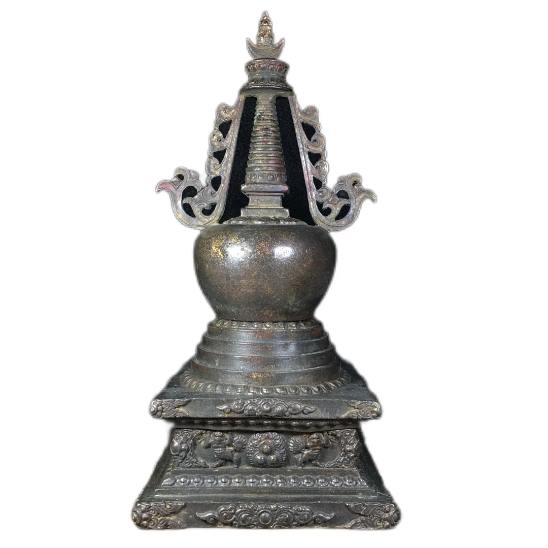 Tibetan Buddhism Bronze Gilt Sakyamuni Buddha Beast Stupa Tower Pagoda Statue