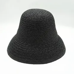 New Women Black Summer Hat Cone Top Straw Hat UV Protection Cloche Bucket Sun Hat Female Ribbon Band Ladies Fedora Derby Travel