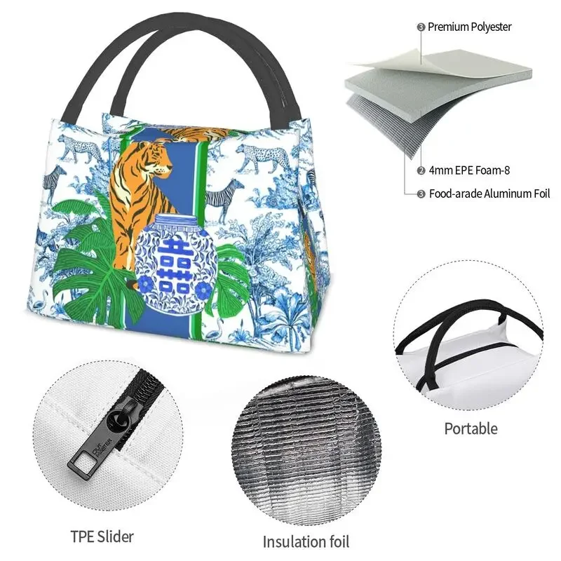 Tiger Chinoiserie Ginger Jar Insulated Lunch Bag for Camping Travel Porcelain Resuable Thermal Cooler  Box Women image 5