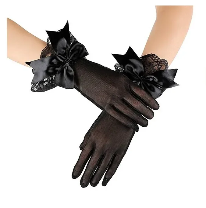 Women Black Full Fingers Gloves Tea Party  Gloves with Lace Trim Bow knot  for Valentine's Day Wedding Party Cosplay Accessories