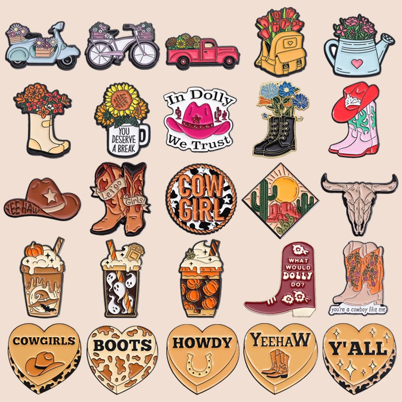 Cowgirl Hat Boots Enamel Pin Western Mexican Cactus Bull Head Lapel Badges Decor For Shirt Brooch Jewelry Gift For Women Friend image 2