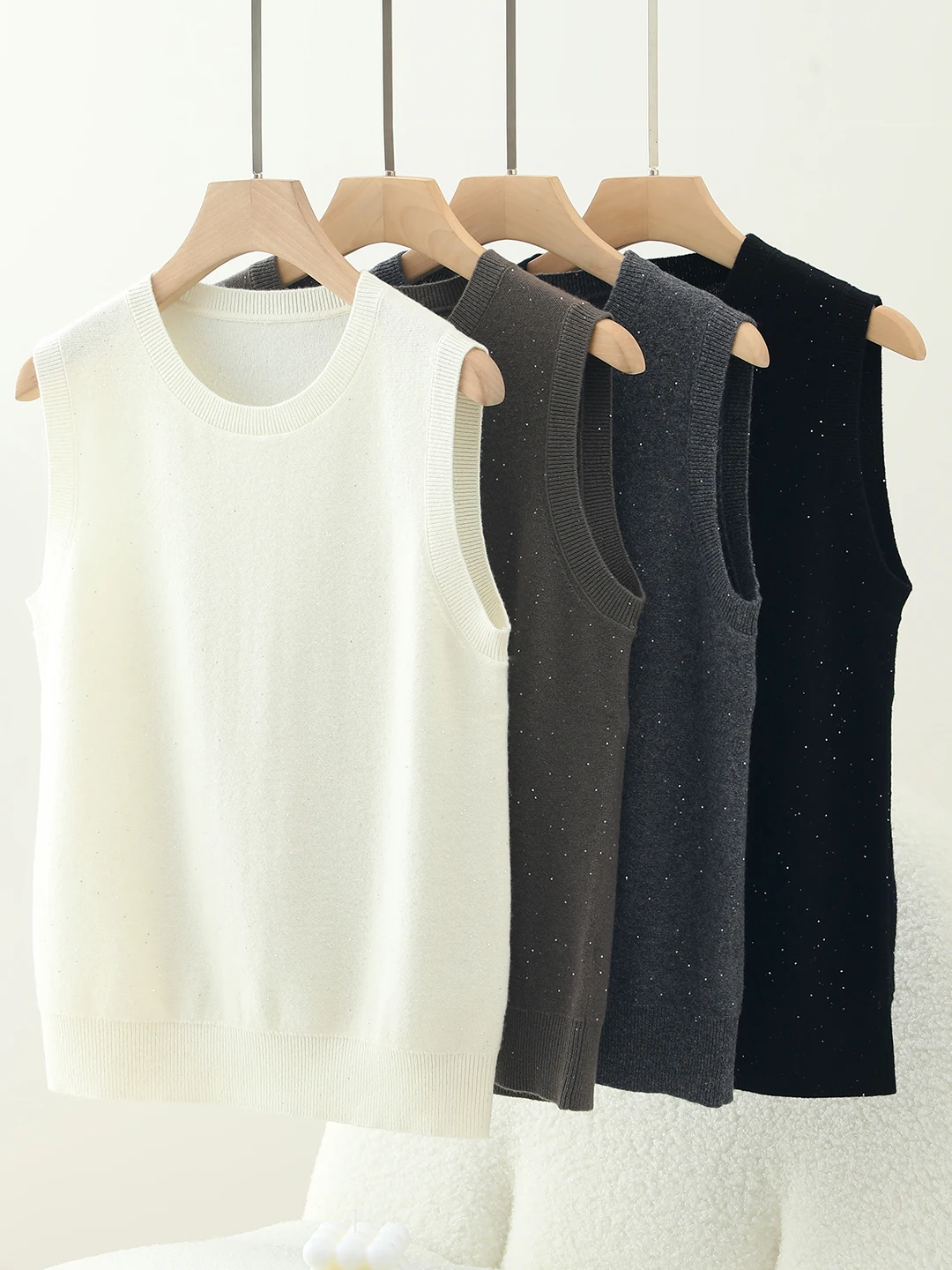 

mat Sle Pure Wool Sequin round Ne Svel Knitted Vest Women Outerwear Base irt Sweater Tank Top Soft Loose Fit