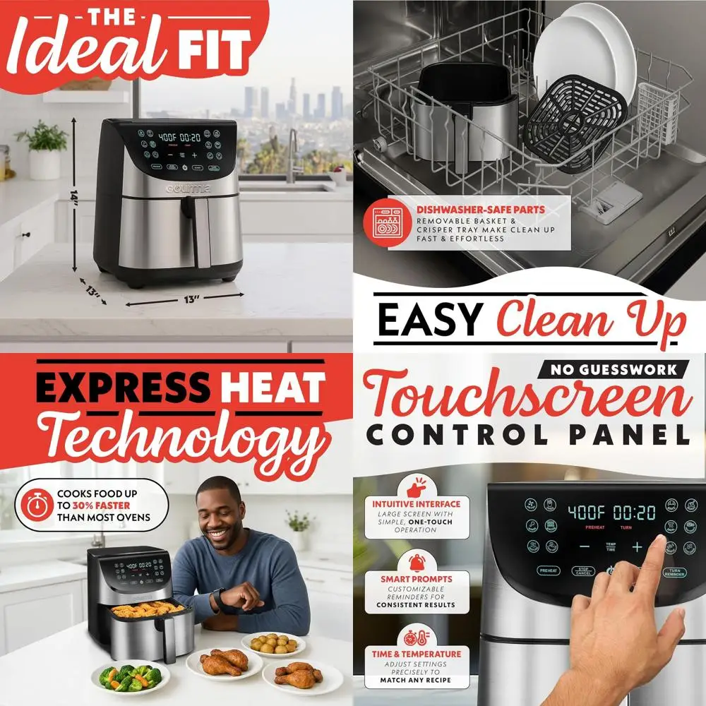 

Цифровая фритюрница Gourmia, 8 квартов, 12 предустановками, нержавеющая сталь, запекание, запекание, смазка, обезвоживание, можно мыть в посудомоечной машине