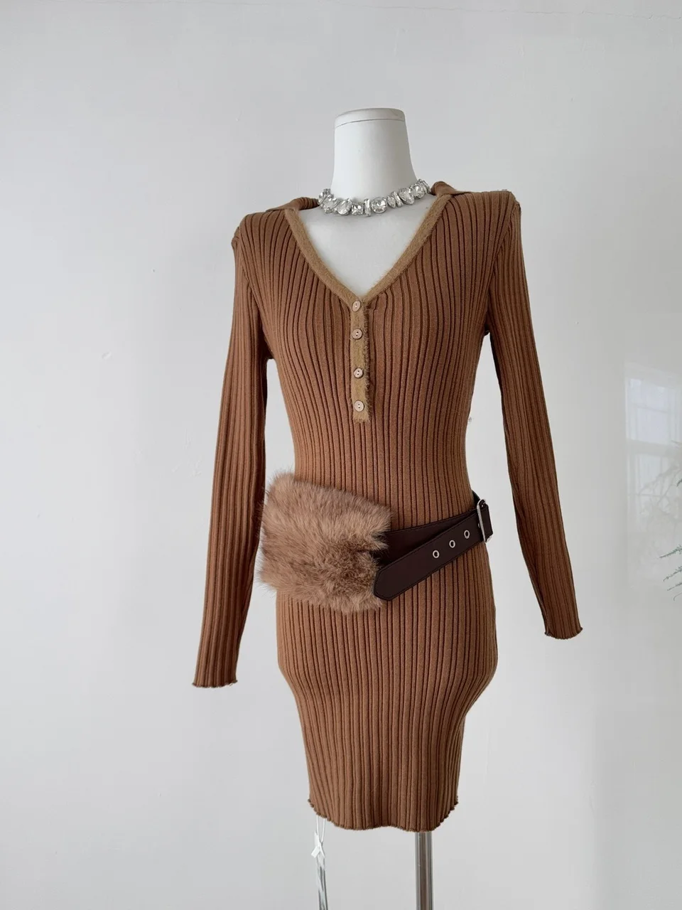 

Bury Plu Splice V-Ne Hooded Dr Women's Spicy Slim Knitted Skirt Waist-Cinching ort Skirt Autumn Faion