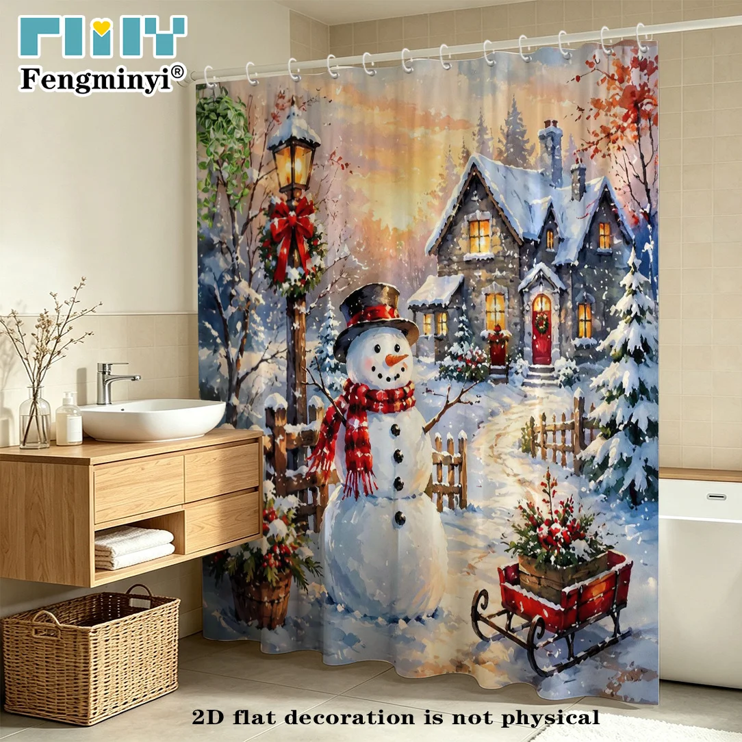 2D Flat, 2D Flat, 2D Flat Shower Curtain 1pc Christmas-Themed Curtain, Featuring a Cheerful Snowman with Holiday Decorations, Po