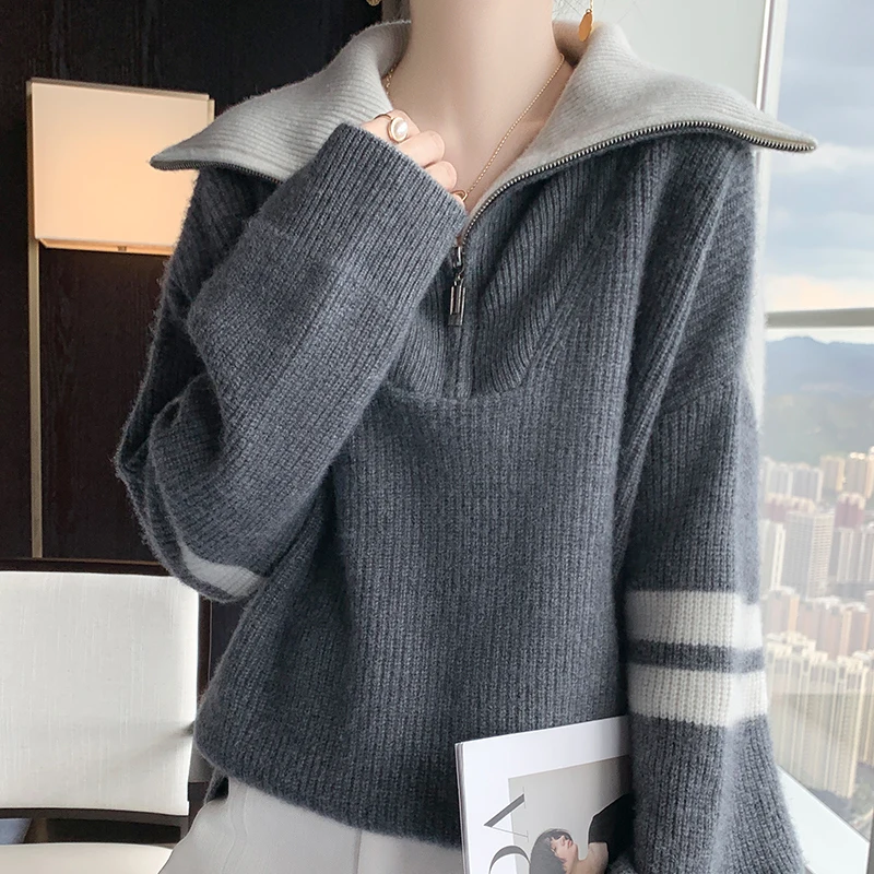 

100% Merino Wool Thickened Women's Clothes Autumn and Winter Lapel Sweater Fashion Patchwork Color Loose Sweater For Women