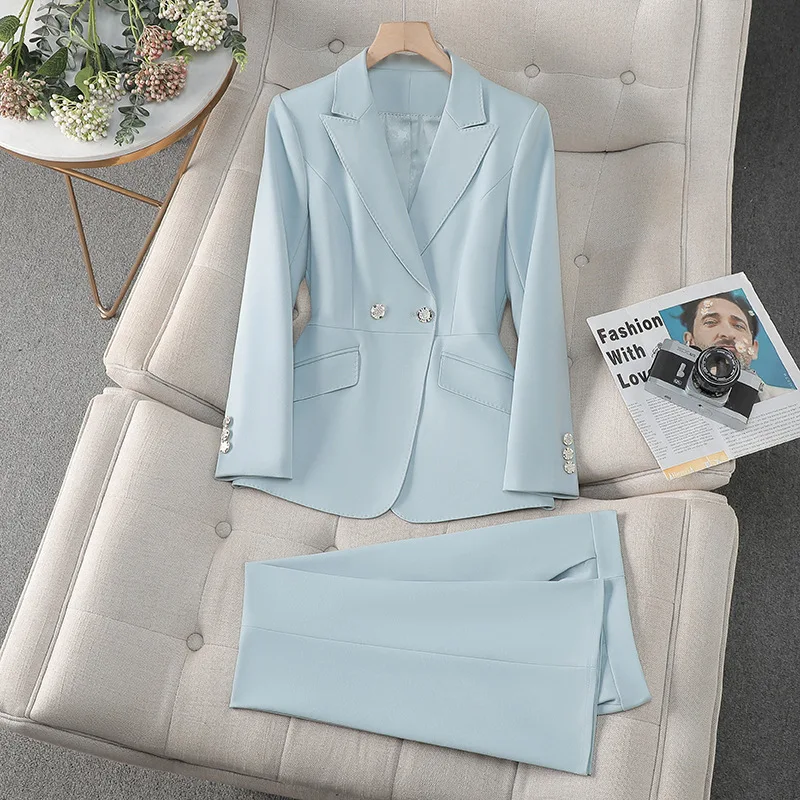 

Голубой профессиональный костюм для женщин, весна и осень2025, новый высококачественный двубортный деловой костюм, комплект из двух предметов