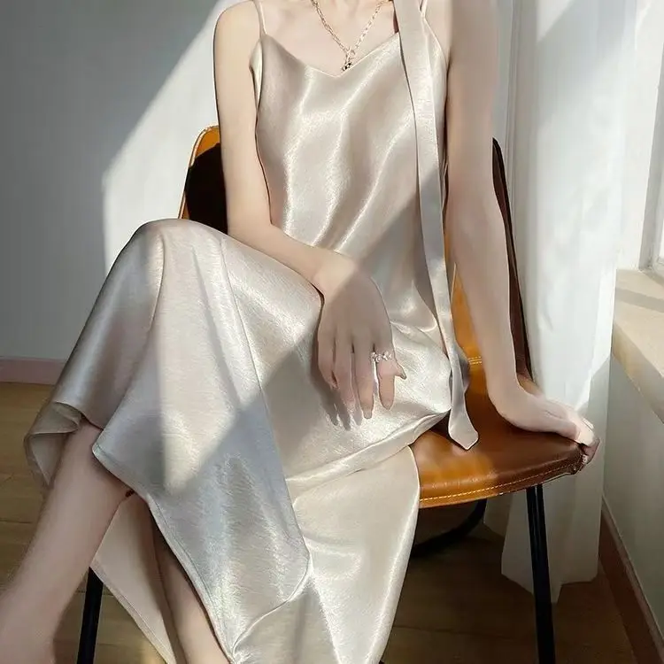 French Elegant Satin Camis Dress Women Summer Loose with Ribbon Midi Dress Female Fashion Aesthetic Party Evening Slip Dress