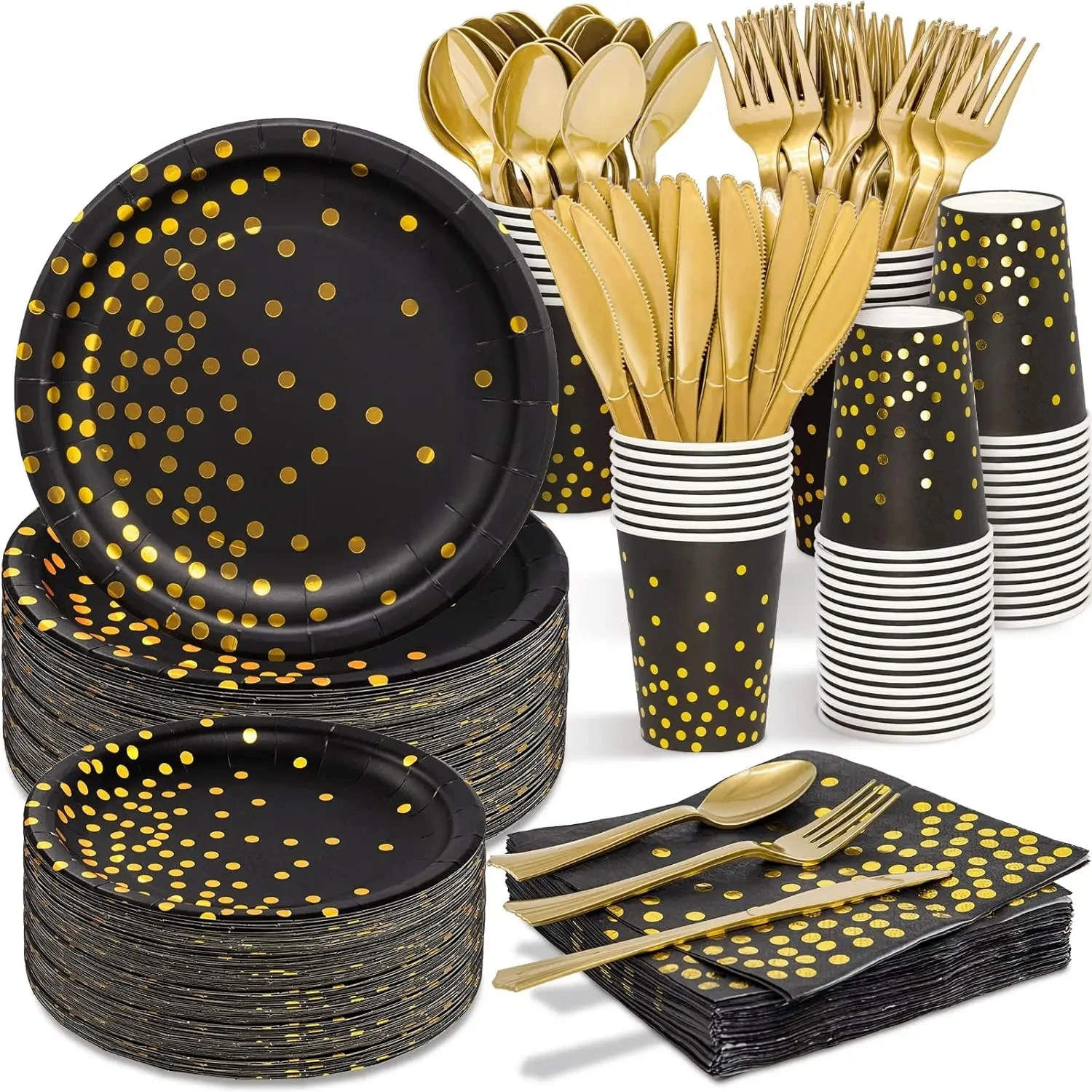 Black and Gold Party Supplies Disposable Party Tableware Gold Dot Paper Plate Black Napkin Cup for Graduation Birthday Wedding