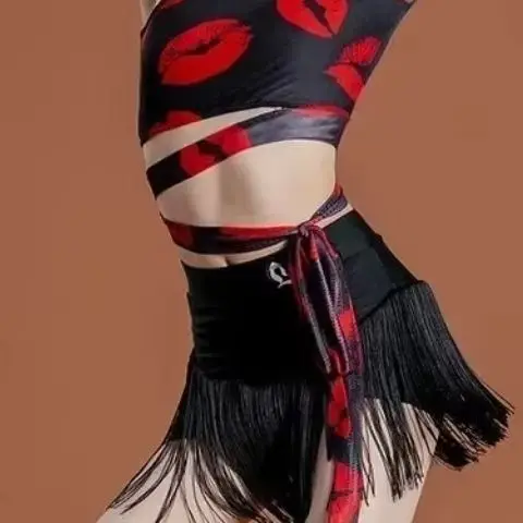 

Girls Latin Dance Costume Outfit Single Sleeve Tops Tassel Skirt ChaCha Dancing Clothes Children Samba Tango Practice Wear