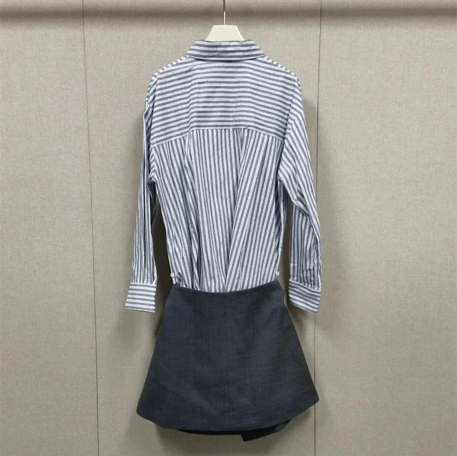 

2025 Autumn and Winter Women's Shirt Dress Striped Diamond Patchwork Women's Elegant Mini Dress