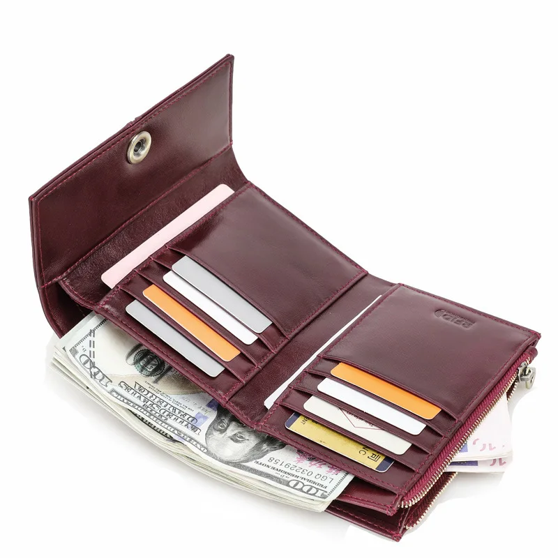 Fashionable British Style Head Anti Magnetic Triple Fold Functional Multi Card Position Genuine Leather Women's Wallets Handbags