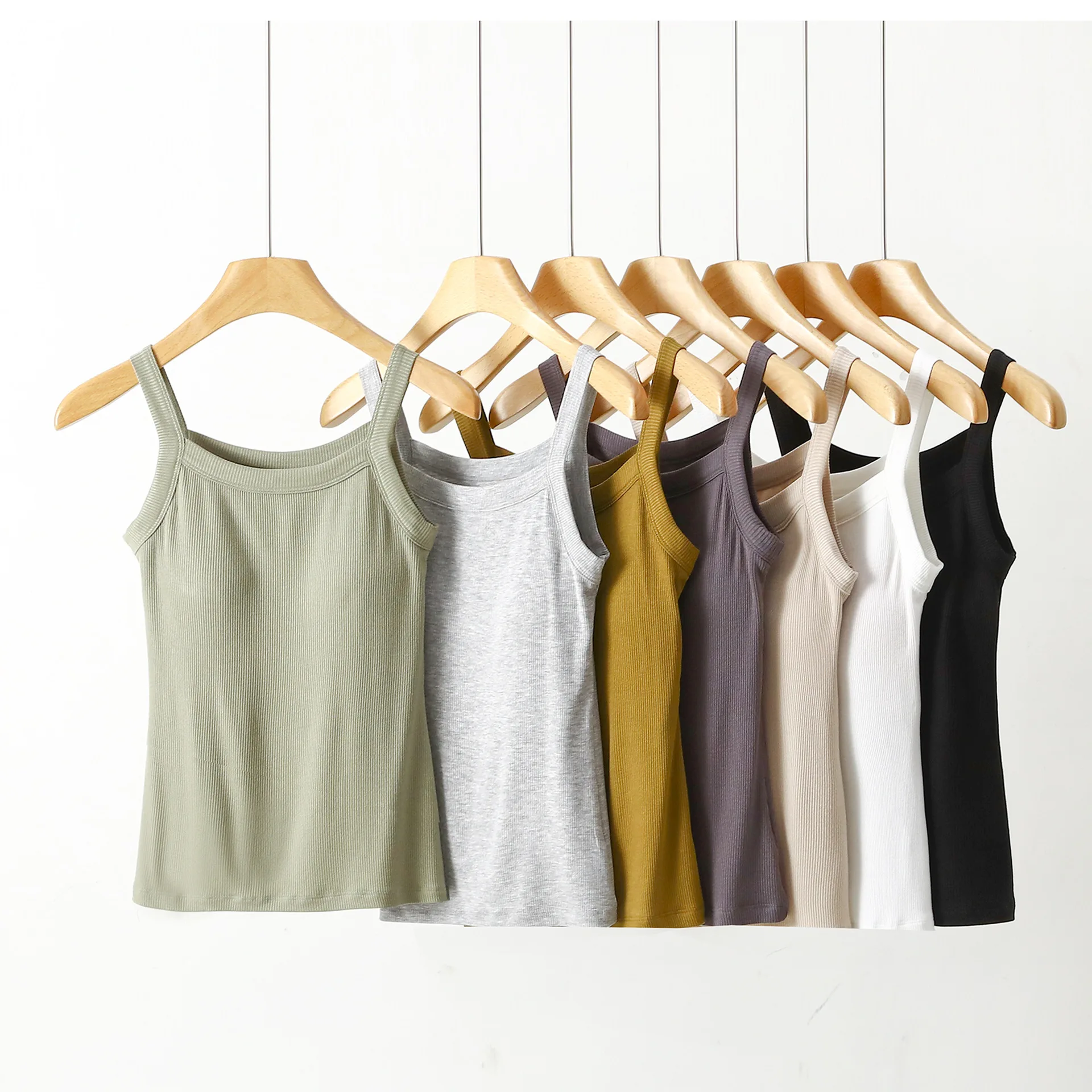 Rib Cotton camisole Bra Padded cami Tank Top solid color Anti-emptied tee tops sleeveless removable