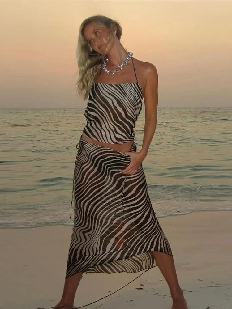 Vintage Beach Stripe Printed Women's Slip Top Skirt Suits Beach Sleeveless Bandage Top Pleated Skirts 2025 Summer Lady Outfit