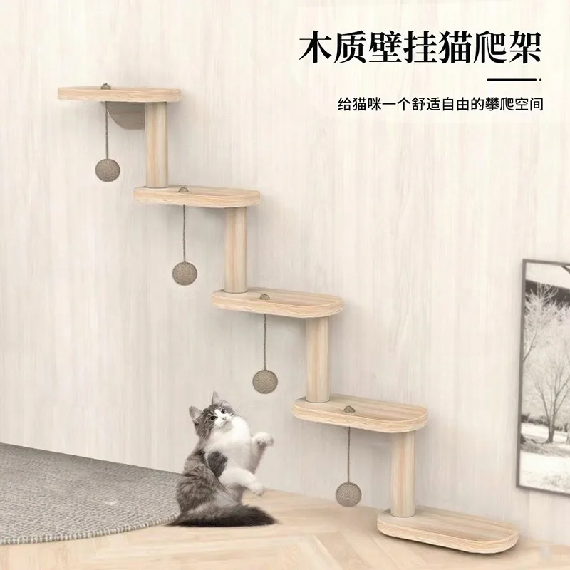 Wooden Wall-Mounted Cat Climber Set with Climbing Shelves Perches Balls Wood Indoor Cat Furniture for Kittens Play Space-saving