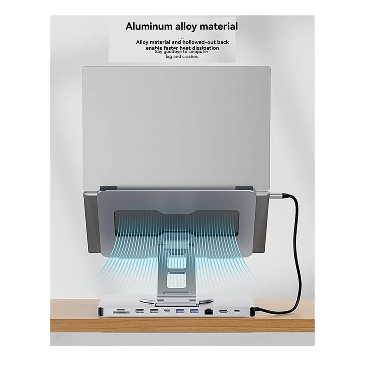 A46U 360° Rotatable 10 Ports Docking Station with USB Hub Card Reader RJ45 for Laptop Foldable Universal Bracket Holder