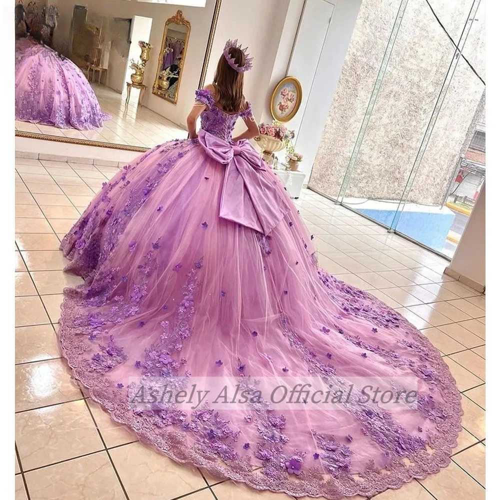 ที่กําหนดเองเม็กซิโก Lilac Quinceanera ชุดสําหรับ 15th ปีสาว V คอดอกไม้ Lace Up หวาน 16 Party ชุดราตรี Vestidos De XV Años