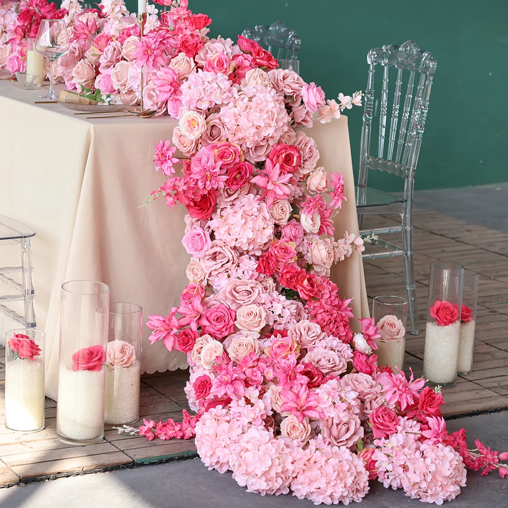 Main Table Decoration Artificial Pink Rose Delphinium Hydrangea Flower Runner for Event Backdrop Decor Photographic Props