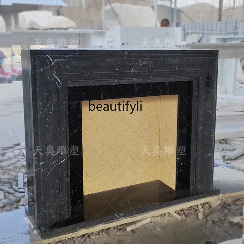 

02A Natural marble fireplace stone carving American simple living room ornament black and white root fireplace