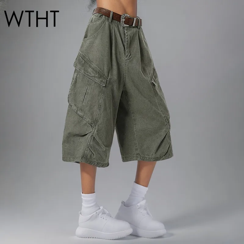 

WTHT Vintage Fashion Women's Multi Pockets Cargo Denim Shorts 2025 Summer Trendy High Waist Wide Leg Short Pants Female 1LS1976