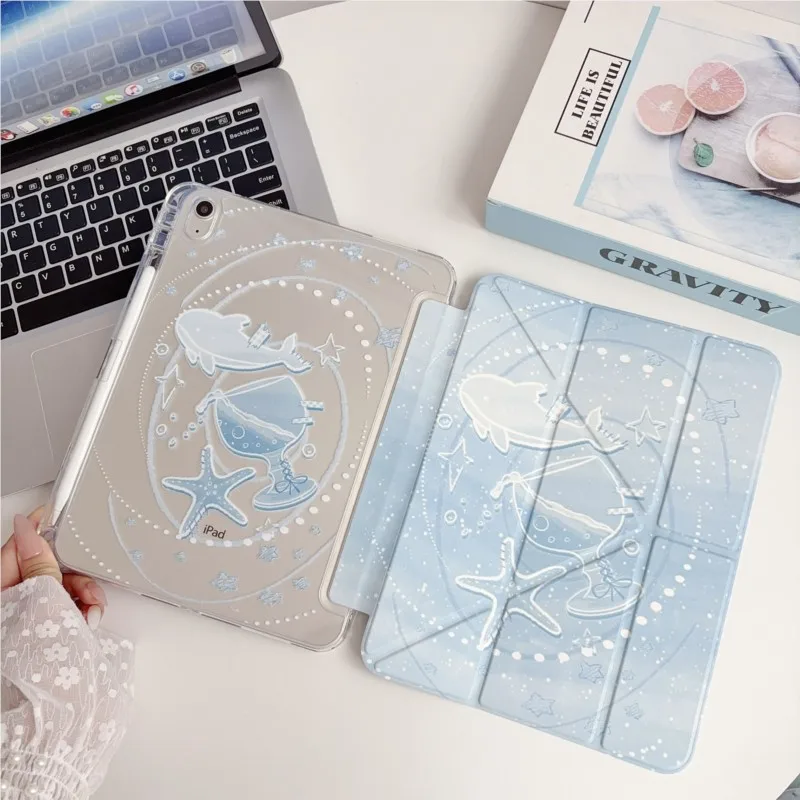 Minimalist Healing Sea Ocean Tablet Case Whale Trifold Stand for iPad Air 6 7 8 Gen Pro 11inch M2 M3 M4 M5 2018-2026 Cover