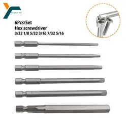 6Pcs 1/4'' Hex Screwdriver Bit Magneti Tip Screw Driver Allen Wrench H1/8 3/32 5/32 3/16 7/32 5/16 Key Screwdriver Drill Bit Set