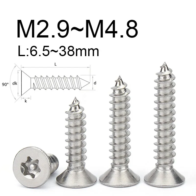 10~30PCS 304 Stainless Steel Countersunk Head Six-Lobe Screw M2.9 M3.5 M3.9 M4.8 Self Tapping Anti-theft Security Wood Screws