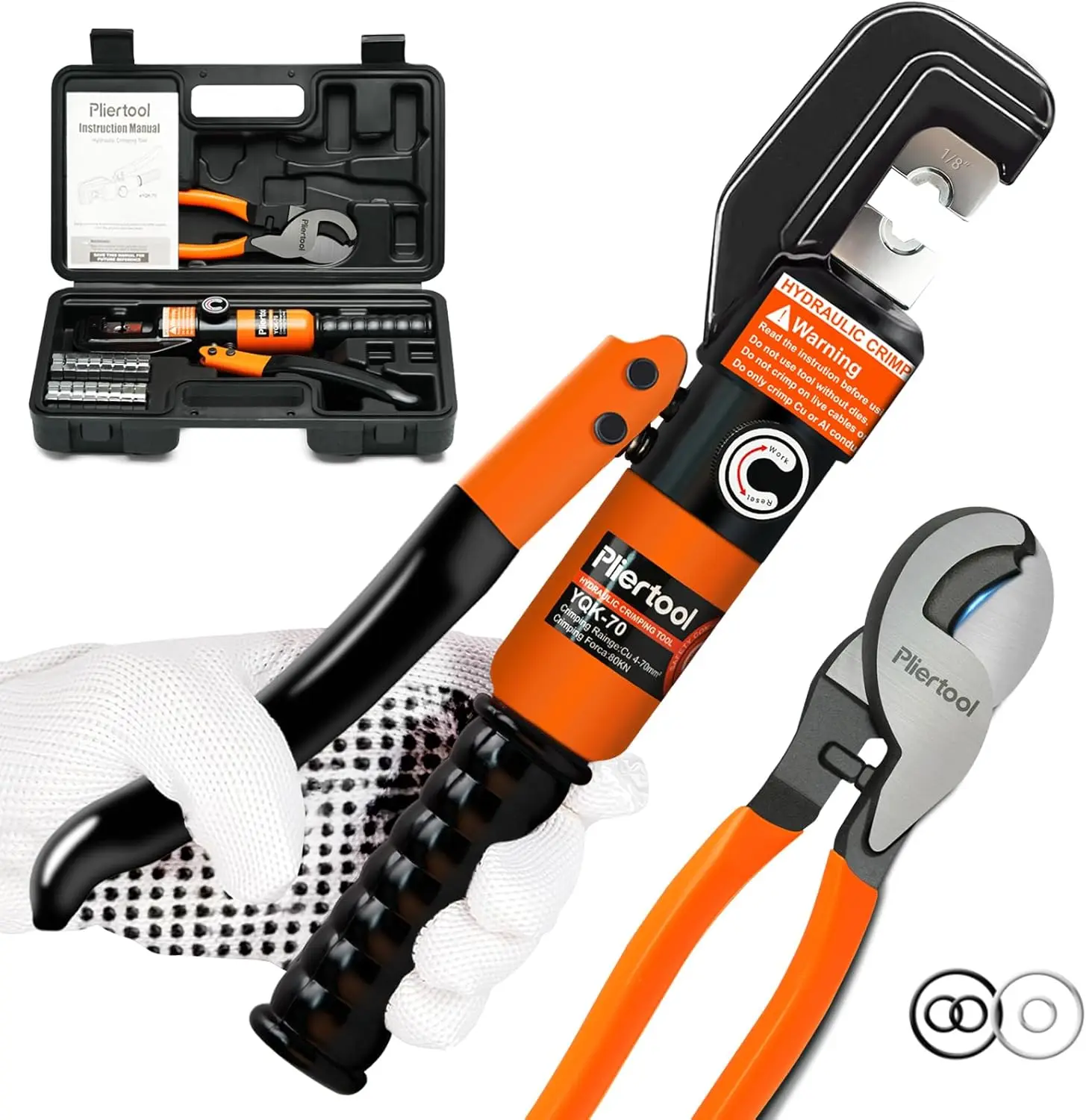Hydraulic Battery Cable Crimper 10 Ton with 9 Dies, Dual-Blade Cutter, Spring-Loaded Handle, for 12-2/0 AWG, 1/8" Stainless
