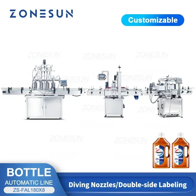 ZONESUN ZS-FAL180X8 línea de producción automática llenado de líquidos tapado máquina etiquetadora botella 4 cabezales bomba de pistón brazo robótico