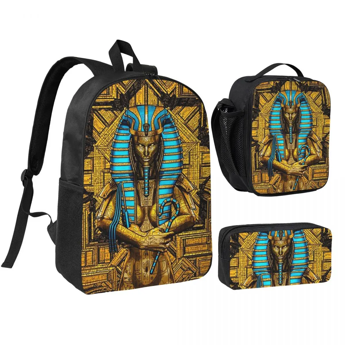 

Egyptian Pharaoh With Golden Crown Illustration Backpack BookBag School Bag Laptop Shoulder Bags 3ps Lunch Bag Pencil Case
