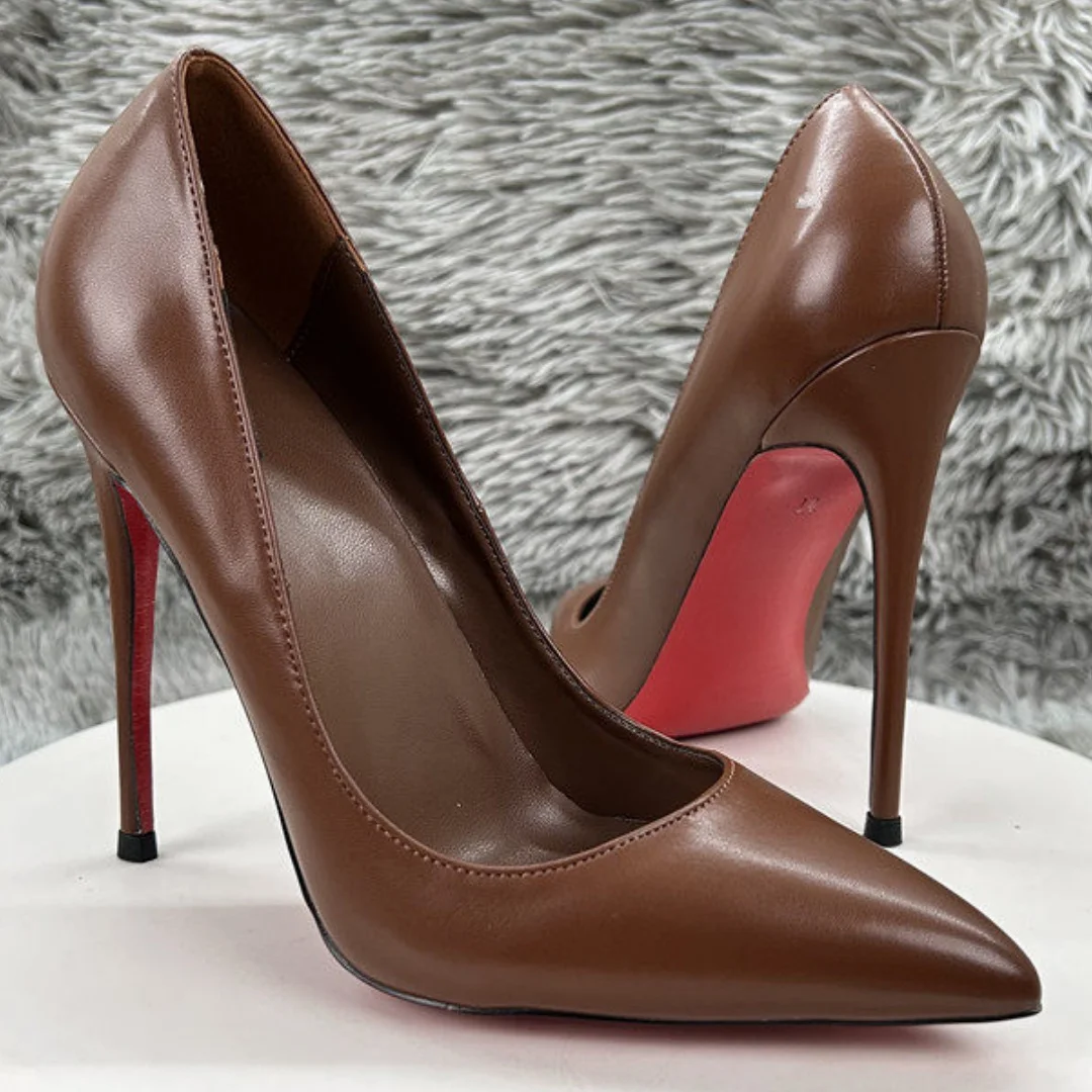 

Pointed-Toe Red Sole Pumps Female 8 10 12cm High Heels Stilettos Classics Dark Brown Matte Sheepskin Leather Single Shoes Women