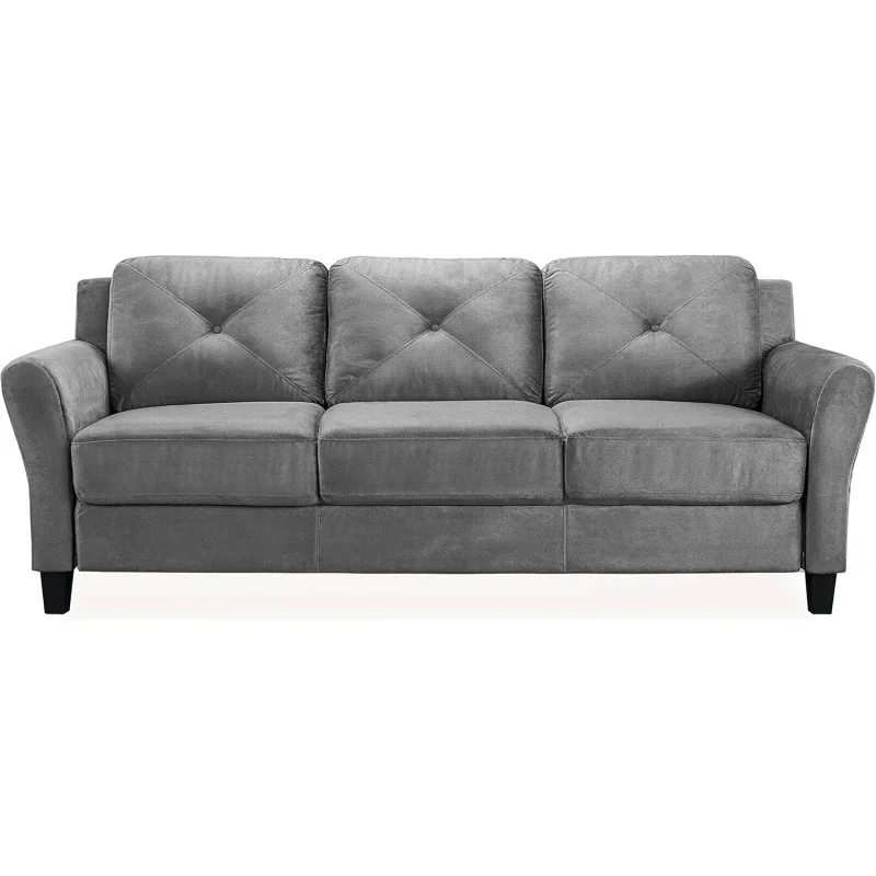 Sofa Upholstered Microfiber Fabric Rolled Arms, Dark Grey