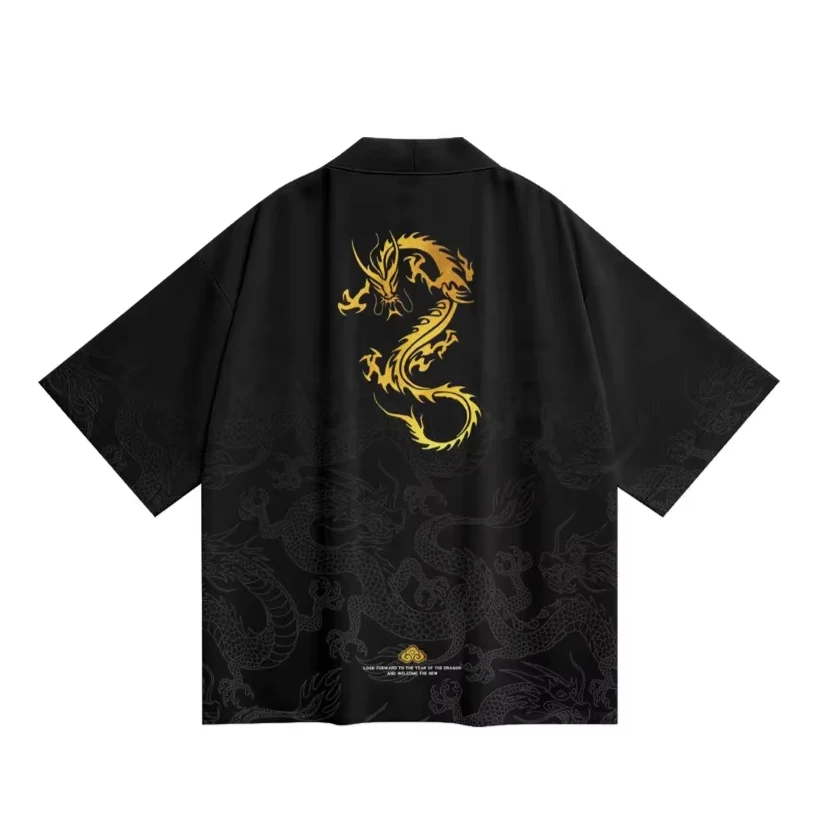 

Plus Size 6XL 5XL 2025 Anime Dragon Print Black Cardigan Haori Fashion Casual Women Beach Japanese Kimono Streetwear Men Tops
