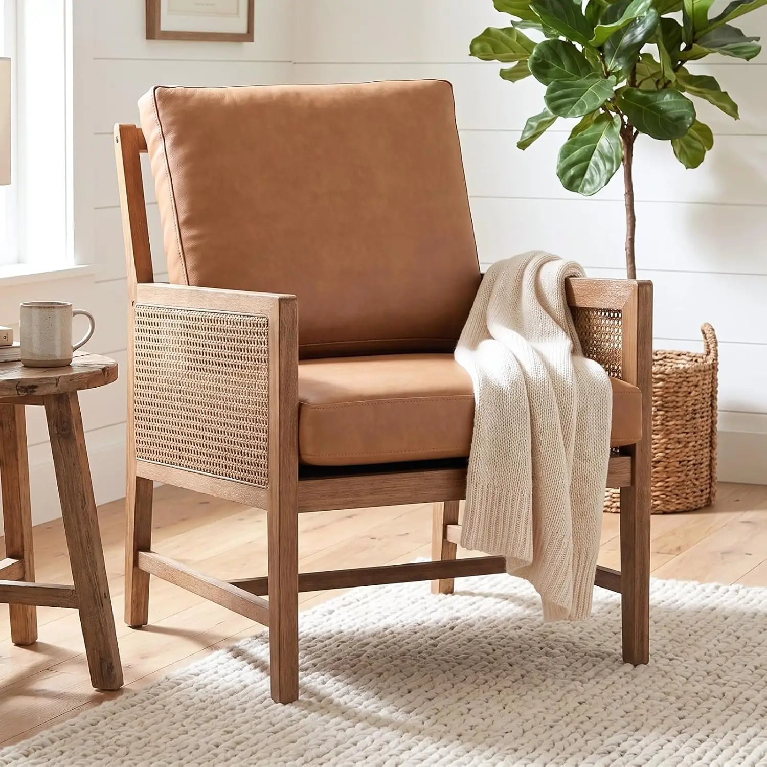 Mid-Century Rattan Accent Chair, Faux Leather Armchair With Woven Cane & Removable Cover, Boho Wood Chair , Customized