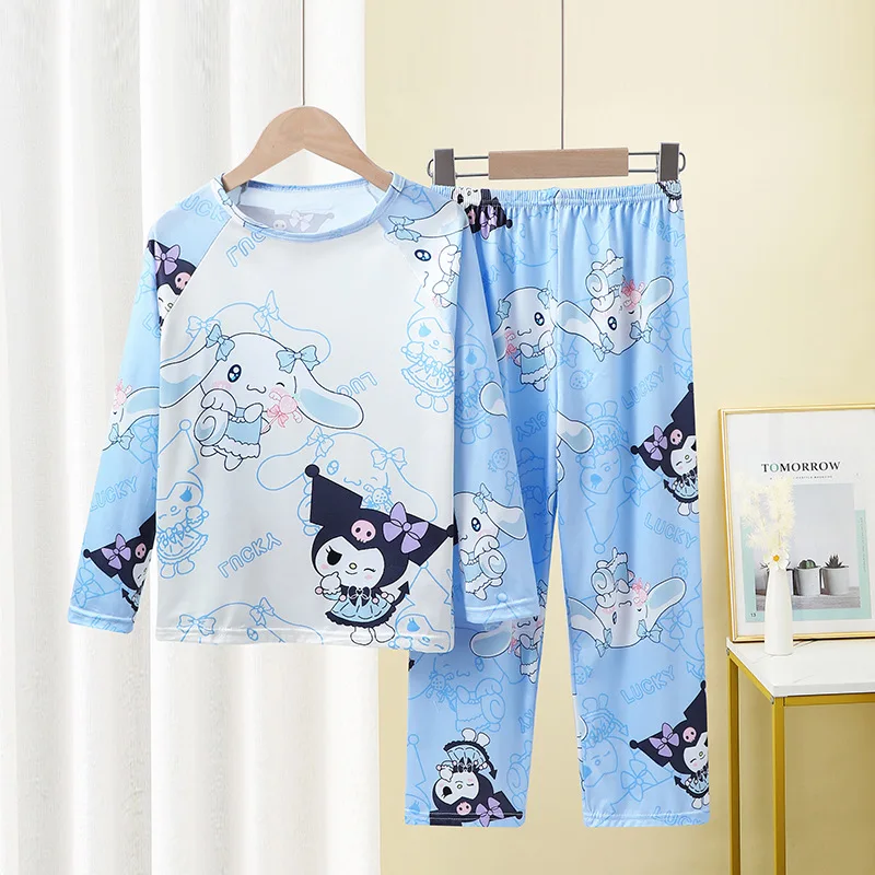 2Pcs Kawaii Kuromi Cinnamoroll Melody Children's Pajamas Anime Summer Cute Thin Long Sleeve Pants Cartoon Boy Girls Homewear Set