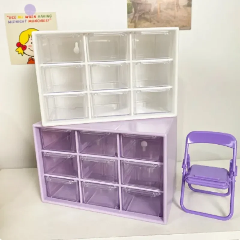 Cute Desktop 9 Grid Storage Boxes Organizer Transparent Small Drawer Student Desk Sundries Accessory Storage Box Kawayi Stickers