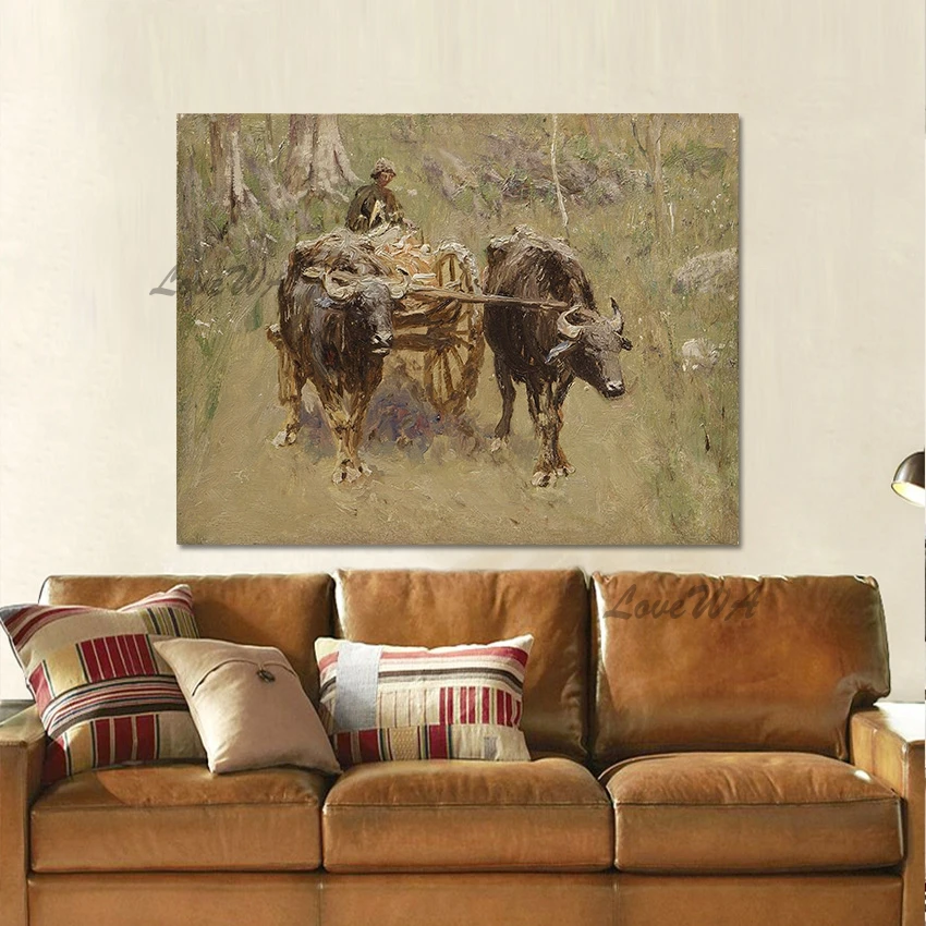 

Hand Painted Farmer and Cattle Village Landscape Oil Painting Famous Canvas Artwork Russia Scenery Paintings Wall Picture Art