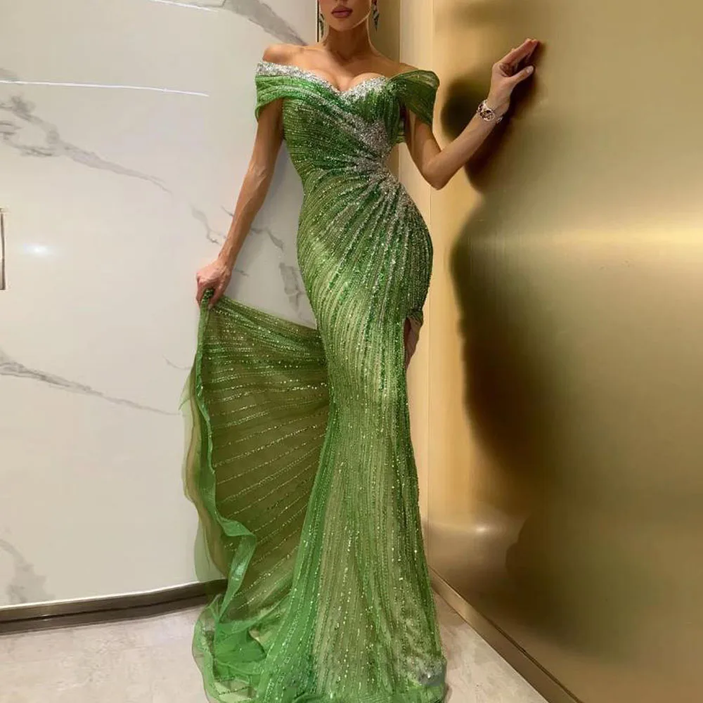 

Customized Beading Embroidery Evening Dresses 2025 Off the Shoulder Sequin vestidos de gala Green Birthday Dress with Split
