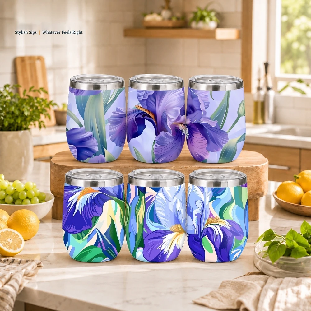 Pretty Purple Iris Flower Vacuum Flasks 12oz Thermal Wine Tumbler W/ Lid Double Wall Steel Insulated Cup For Sport Drinking Mug