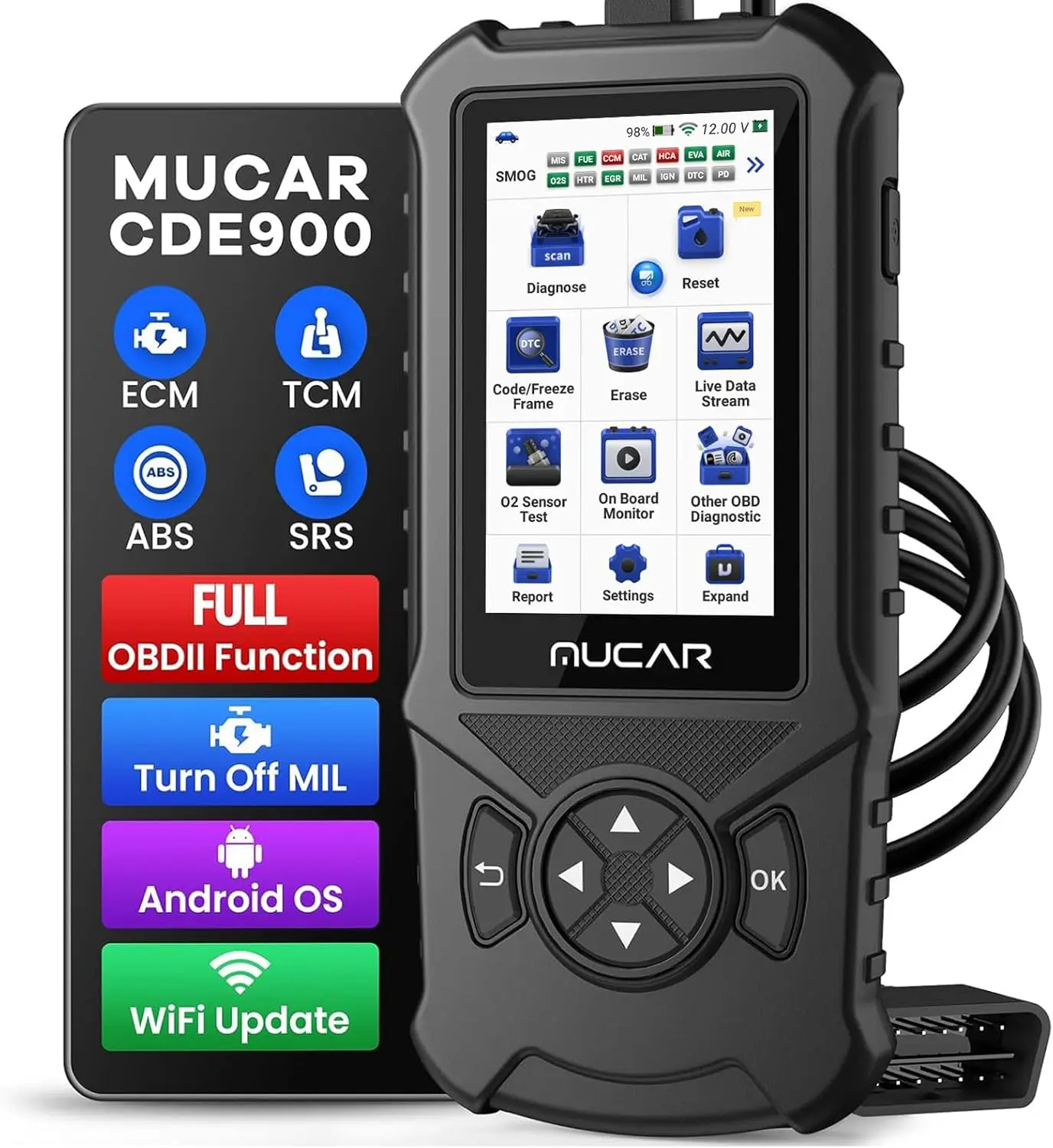

CDE900 OBD2 Scanner, Car Code Reader with 4' Touchscreen, Supports 106 Brands, FCA Autoauth, Wireless Update